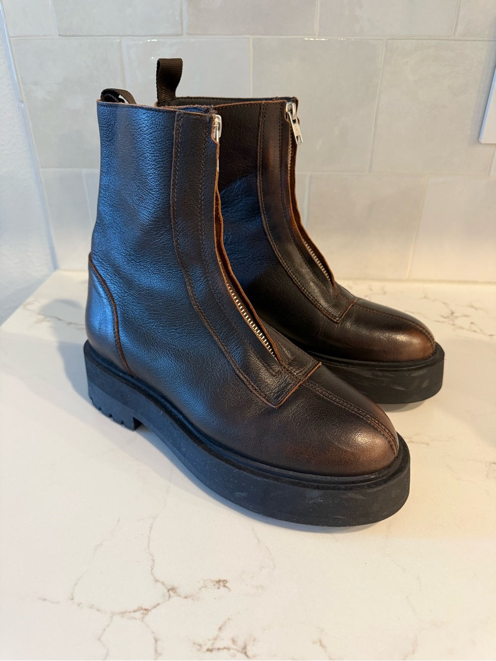 Anthropologie Lug Sole Zip Brown Chelsea Leather Boots